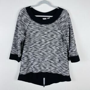 Chico's Zenergy Size Medium 8 1 Spacedye Boucle Zip Back Tunic Top Black White